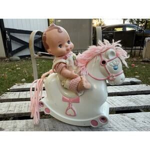 Vintage Playmates Baby Doll on Pink Rocking Horse – Adorable 70s Nursery Toy